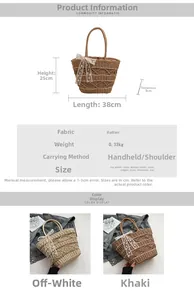 Detailed dimensions of woven tote bag with white lace bow and size specifications