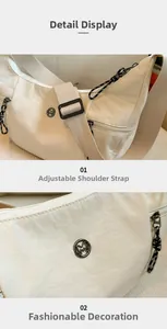 Détail du sac bandoulière en nylon beige avec sangle réglable et logo M en métal