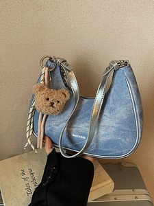 French Vintage PU Leather Half Moon Underarm Bag For Women With Bear Charm Chic Hobo Shoulder Crossbody Bag Minimalist Purse