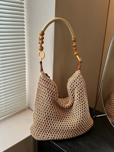 Knitted Woven Tote Bag For Women With Wood Beads Bohemian Hollow Out Large Capacity Shoulder Bag Beach Vacation Handbag