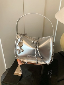 Women Fashion Shiny PU Leather Small Square Bag With Balloon Dog Charm Metal Chain Shoulder Crossbody Bag Handbag For Commute