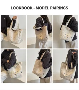Detailed model street style collage of large canvas tote bag with blue star stitching