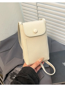Minimalist beige pebble leather crossbody phone bag with elegant flap cover and slim strap