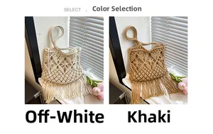 Detail view of woven macrame tote bags in creamy white and khaki with long tassels