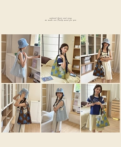 Detail view of nylon print crescent bags with lace bow accents and matching bucket hats