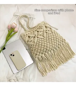 Size comparison of a macramé woven tote bag with fringe using a phone and iPad