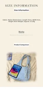 Blue plaid nylon crescent bag size comparison with dimensions 35x9x30cm