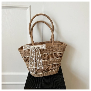 Detail of woven straw tote bag featuring intricate openwork patterns and a white lace bow