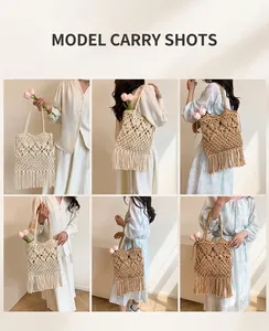 Detail of woven tote bag with hollow diamond pattern and long fringe tassels in boho style