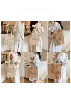 Detail of woven tote bag with hollow diamond pattern and long fringe tassels in boho style