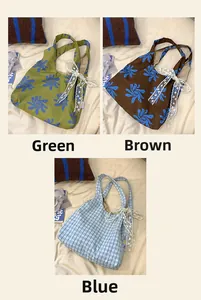 Detailed views of nylon crescent bags in green, coffee, and blue patterns with lace bows