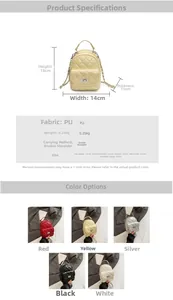 Detailed size specifications of the quilted mini backpack in multiple vibrant colors