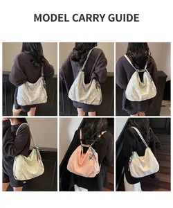 Detail collage showing large metallic soft leather tote bag with diverse carrying styles