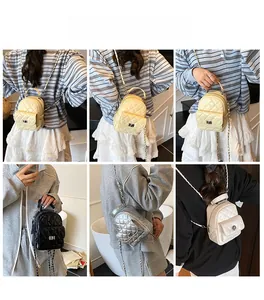 Detailed views of quilted mini backpack with chain strap in various colors and styles