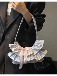 Chic silver pleated hobo bag with ruffle detail and pink bow, balletcore shoulder purse
