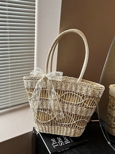 Woven Straw Tote Bag With Lace Bow Large Capacity Summer Beach Shoulder Bag For Women Pastoral Style Minimalist Handbag
