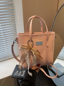Borsa a Secchiello in Pelle PU Con Trama Intrecciata Pendente a Fiocco di Pizzo Borsa a Mano Moda Coreana Borsa a Tracolla