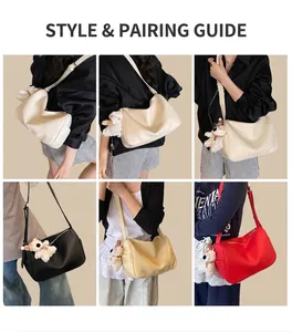 Close-up of pebble grain PU leather bags with cute plush dog pendants in multiple colors