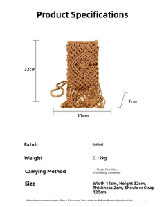 Dimensions détaillées du mini sac à franges marron tissé à la main avec bandoulière