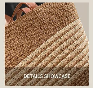 Detailed macro view of woven straw texture with brown leather handle and white stitching