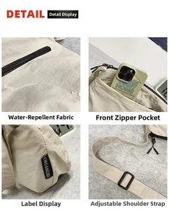 Détails du tissu en nylon déperlant, poche zippée et sangle réglable sur sac beige
