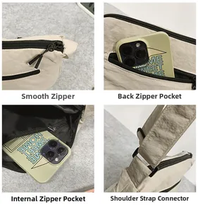 Détails du sac à bandoulière en nylon beige montrant les fermetures et sangles