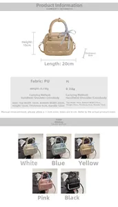 Size chart showing PU leather Boston bag dimensions 20x15x8cm and available color options