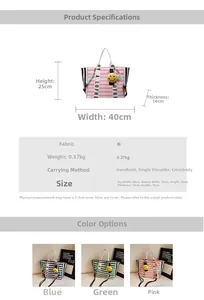Detailed spec sheet showing dimensions and colors of striped canvas tote bag