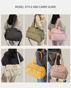 Multiple views of large capacity nylon travel bags in six colors with quilted texture