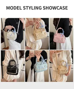 Collage of six models wearing various colors of small Boston bags with lace trim and bow details