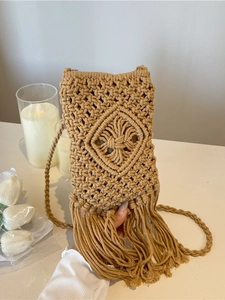 Petit Sac Bandoulière Seau Tissé à la Main avec Gland pour Femme Sac de Téléphone Bohème Tricoté pour Vacances à la Plage
