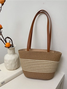 Summer Straw Woven Tote Bag For Women Striped Large Capacity Shoulder Bucket Bag Fashion Vacation Beach Woven Handbag