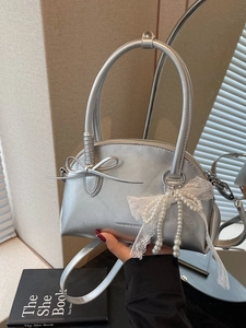 Borsa a Conchiglia da Donna con Fiocco in Pelle PU Portatile Tracolla con Ciondolo in Pizzo e Künstliche Perle per il Pendolarismo