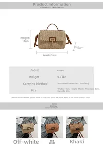 Detailed dimension chart for vintage woven straw handbag with crossbody strap