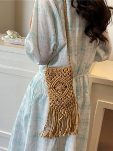 Petit sac de téléphone en macramé avec franges pour femmes en vacances à la plage