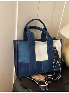 Vintage Denim Patchwork Tote Bag Large Capacity Color Blocking Crossbody Bag For Women Casual Shoulder Handbag Adjustable Strap