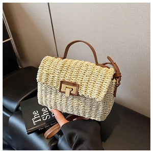 Macro detail of beige woven texture and gold metal buckle on a retro crossbody bag