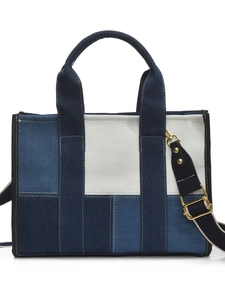 Contrast denim tote bag with patchwork design and adjustable shoulder strap for women