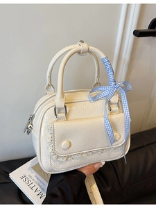 Women Chic PU Leather Handbag With Lace Trim Bow Ribbon Sweet Vintage Shoulder Crossbody Bag Versatile Small Tote Bag