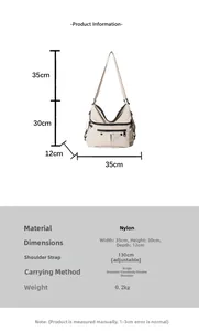 Detailed size chart for nylon tote showing dimensions 35cm x 30cm x 12cm and strap details