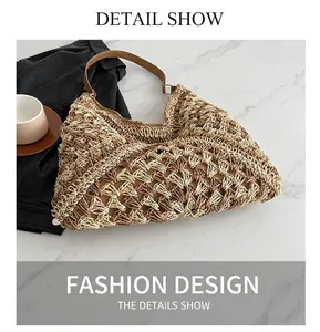Detail view of woven knit tote bag featuring beige and coffee lattice texture