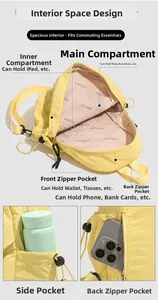 Structure interne du sac à dos jaune avec rangement multi-compartiments et poches latérales