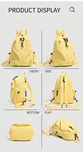 Vues détaillées du sac à dos en nylon jaune sous plusieurs angles et vue du dessous