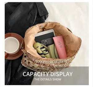 Top view of beige woven tote bag interior with magnetic closure and large capacity storage