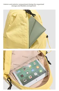 Détail du sac à dos en nylon jaune montrant plusieurs compartiments et une housse tablette