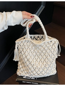 Sac Cabas à Glands Tissé à la Main pour Femmes Vacances à la Plage d'Été Sac à Épaule Ajouré en Corde de Coton Tricotée