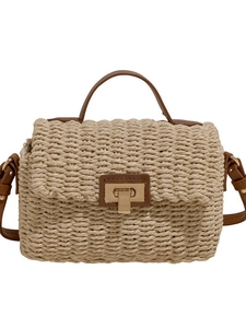 Beige woven crossbody bag with brown leather handles and a gold metal twist lock closure
