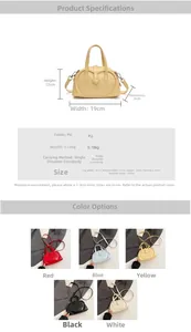 Detailed size specifications and multi-color options for the mini heart-buckle pillow bag