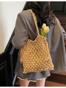 Sac cabas tissé à la main avec franges et maille creuse pour vacances d'été à la plage