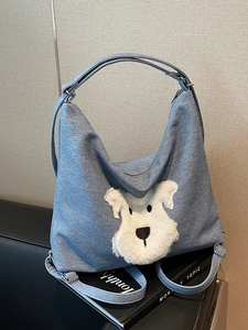 Large Capacity PU Leather Shoulder Bag For Women Retro Casual Backpack With Plush Puppy Patch Embroidery Fashion Tote Bag